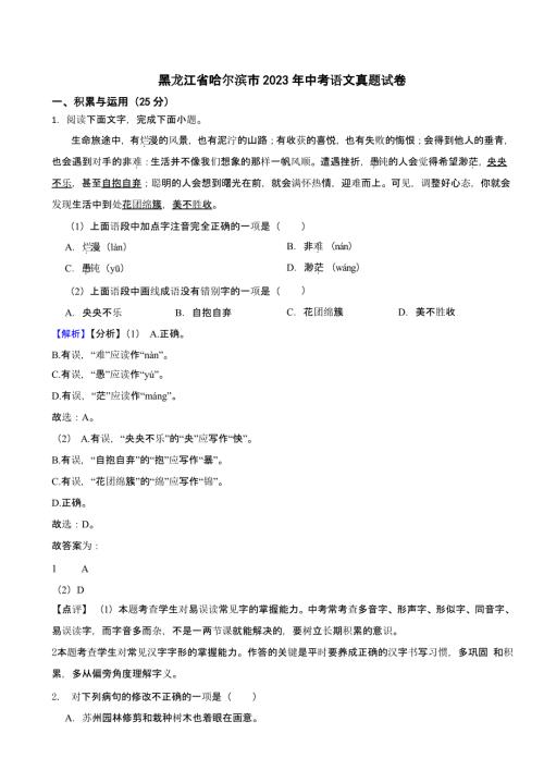 黑龙江省哈尔滨市2023年中考语文试题（含解析）