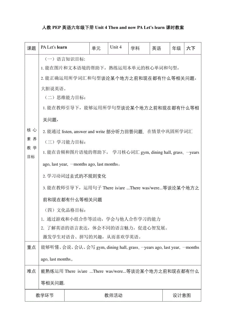 人教PEP六下核心素养目标Unit 4 Then and now PA Let’s learn 教案_第1页