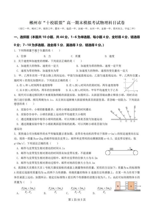 2024届湖南省郴州市“十校联盟”高一上学期期末考物理试题及答案