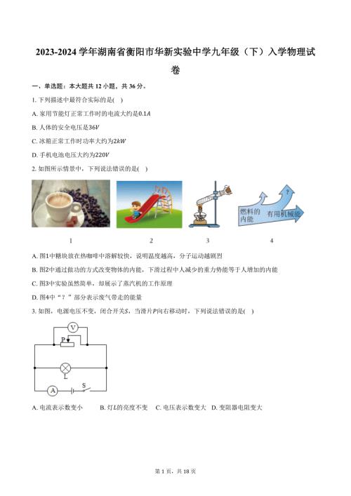 2023-2024学年湖南省衡阳市华新实验中学九年级（下）入学物理试卷（含解析）