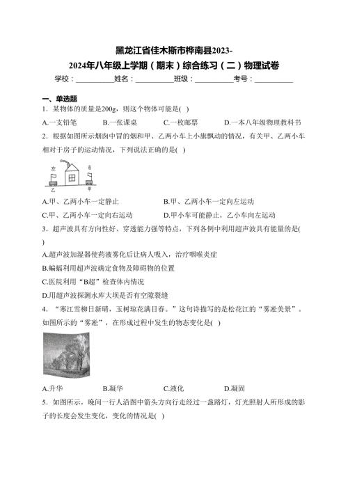 黑龙江省佳木斯市桦南县2023-2024年八年级上学期（期末）综合练习（二）物理试卷(含答案)