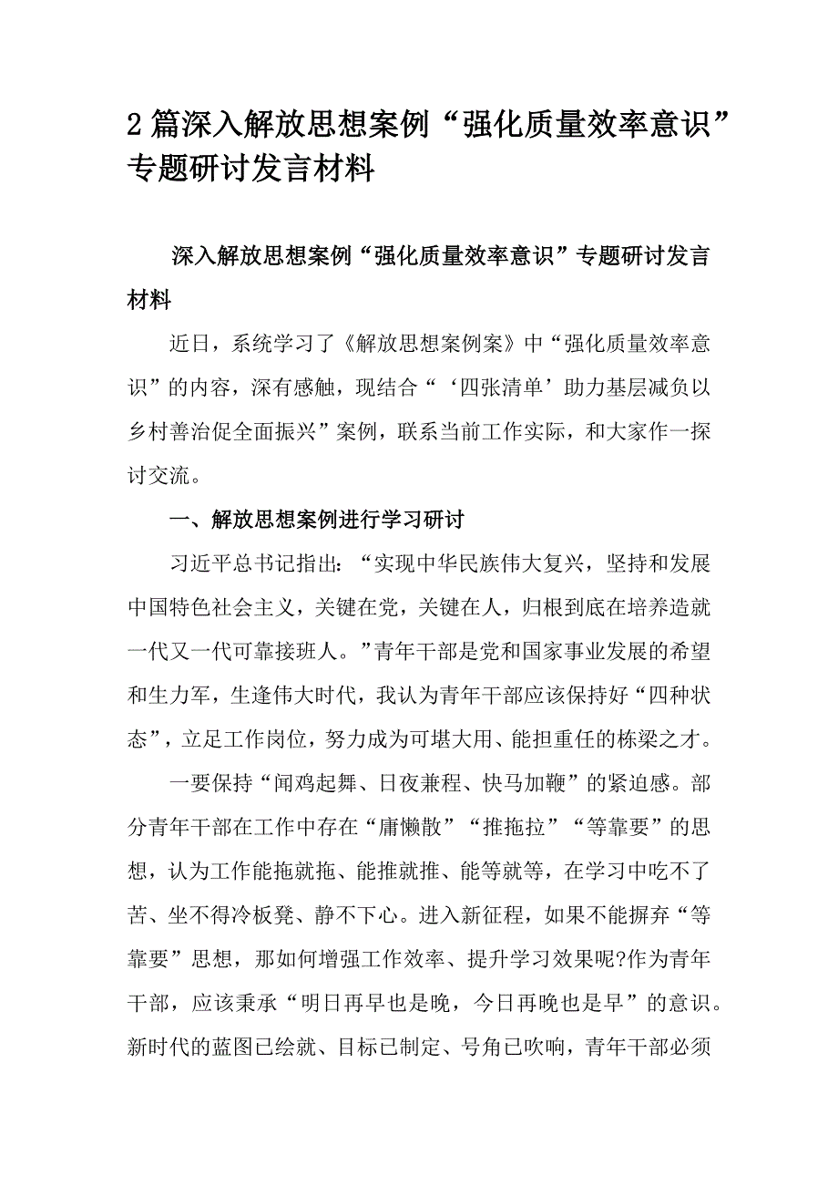 2篇深入解放思想案例“强化质量效率意识”专题研讨发言材料_第1页