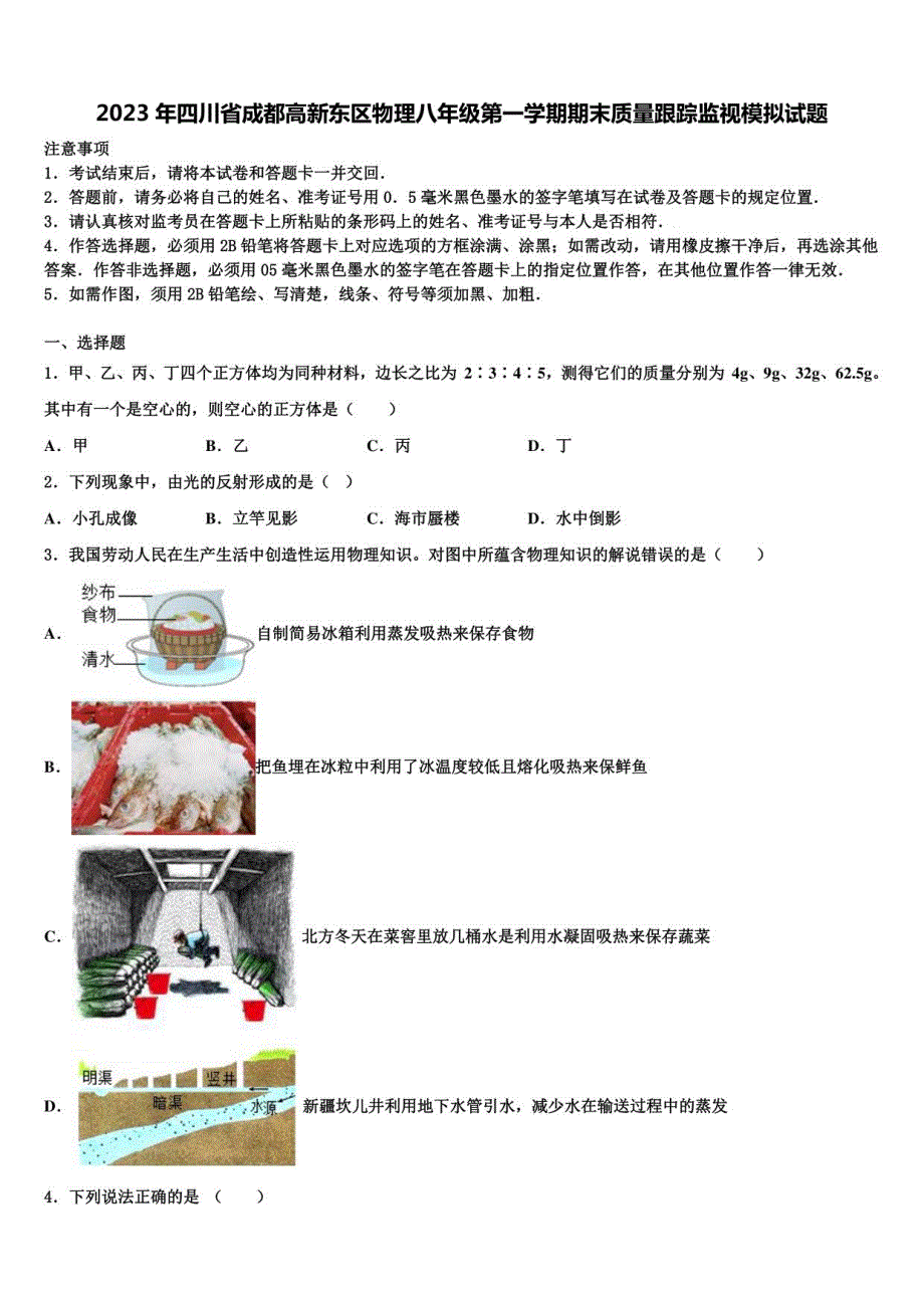 2023年四川省成都高新东区物理八年级第一学期期末质量跟踪监视模拟试题含解析_第1页