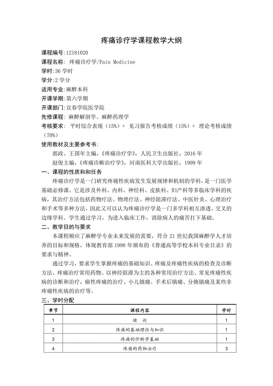 疼痛诊疗学课程教学大纲_第1页