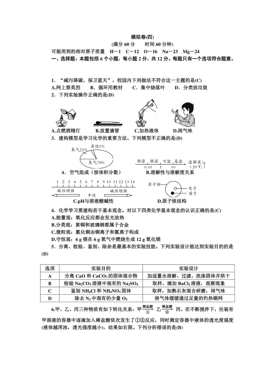 中考化学总复习贵州专用：模拟卷(四)_第1页