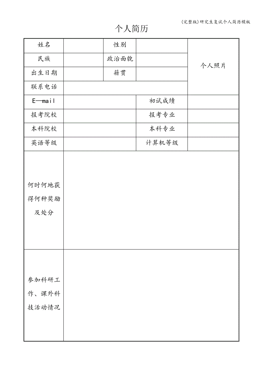 (完整版)研究生复试个人简历模板_第1页