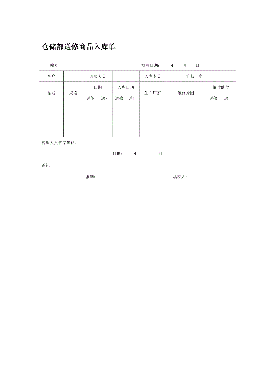 仓储部送修商品入库单_第1页