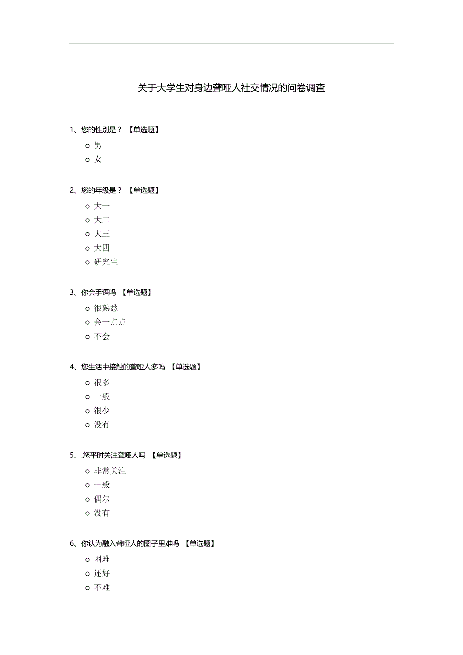 关于大学生对身边聋哑人社交情况的问卷调查_第1页