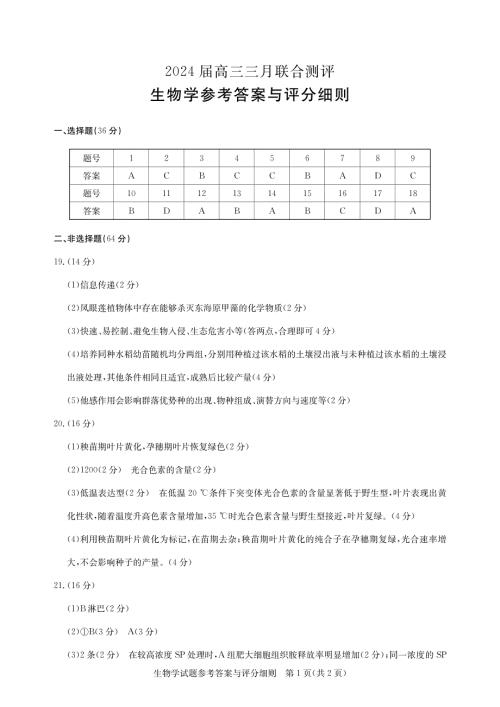湖北省高中名校联盟2023-2024学年高三下学期3月一模测评生物答案