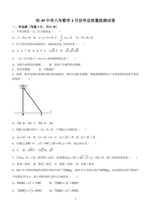黑龙江省哈尔滨市第四十九中学校2023-2024学年八年级下学期月考数学试题(无答案)
