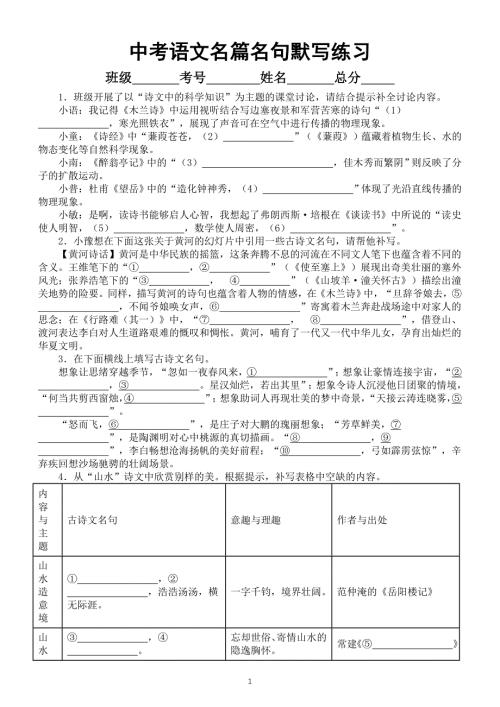 初中语文2024届中考名篇名句默写练习（共30题附参考答案）