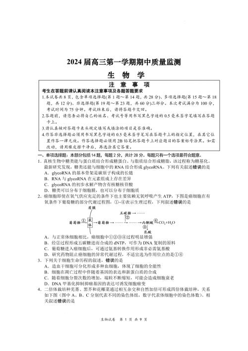 江苏省淮安、南通部分学校2023-2024学年高三上学期11月期中监测 生物