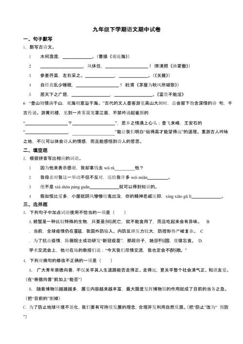 广东省揭阳市2024年九年级下学期语文期中试卷含答案