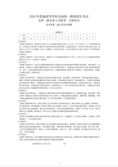 金科大联考·新未来2024届高三下学期4月联考试题 文综答案