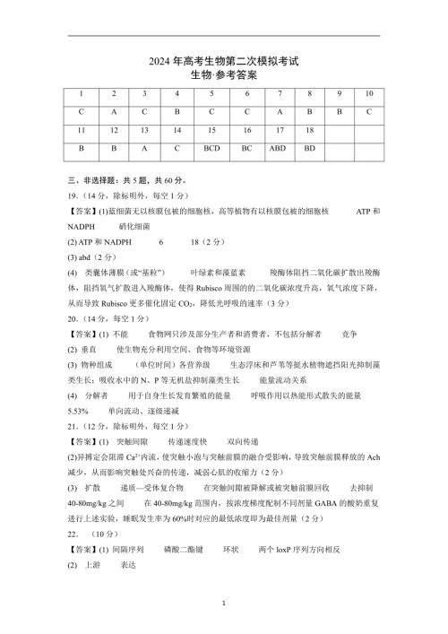 2024年高考第二次模拟考试：生物（江苏卷）（参考答案）