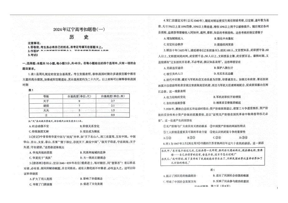 辽宁省2024届高三下学期4月高考扣题卷（一）历史_第1页