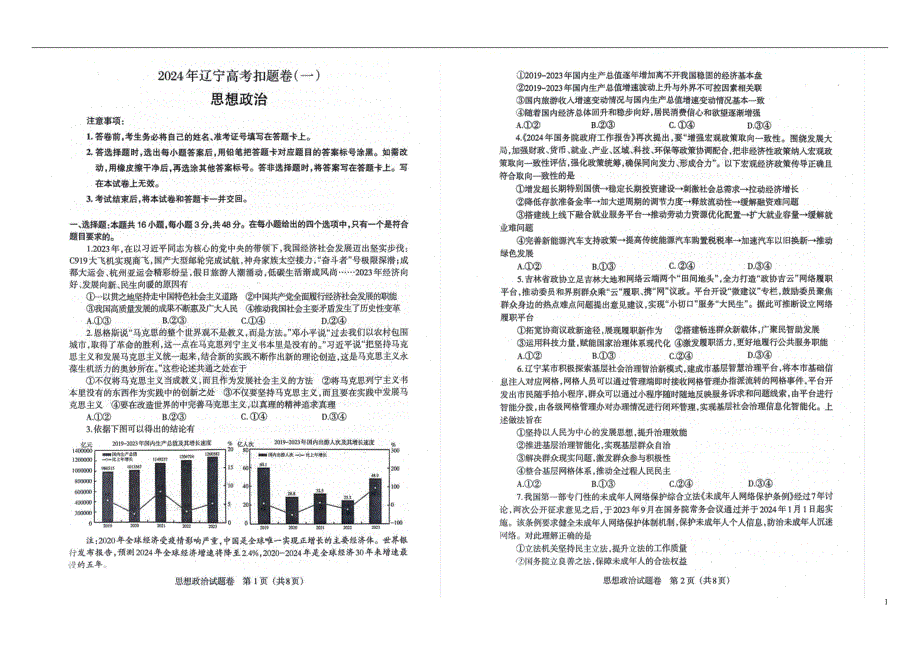 辽宁省2024届高三下学期4月高考扣题卷（一）政治_第1页