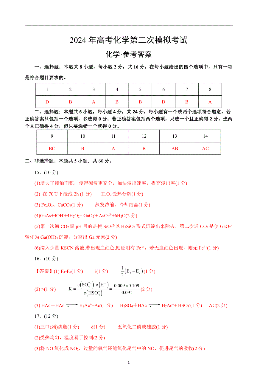 2024年高考第二次模拟考试：化学（海南卷）（参考答案）_第1页