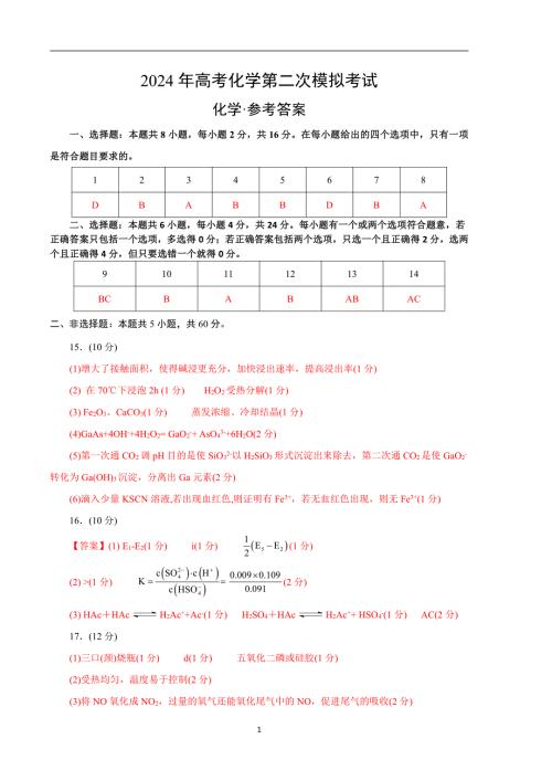 2024年高考第二次模拟考试：化学（海南卷）（参考答案）