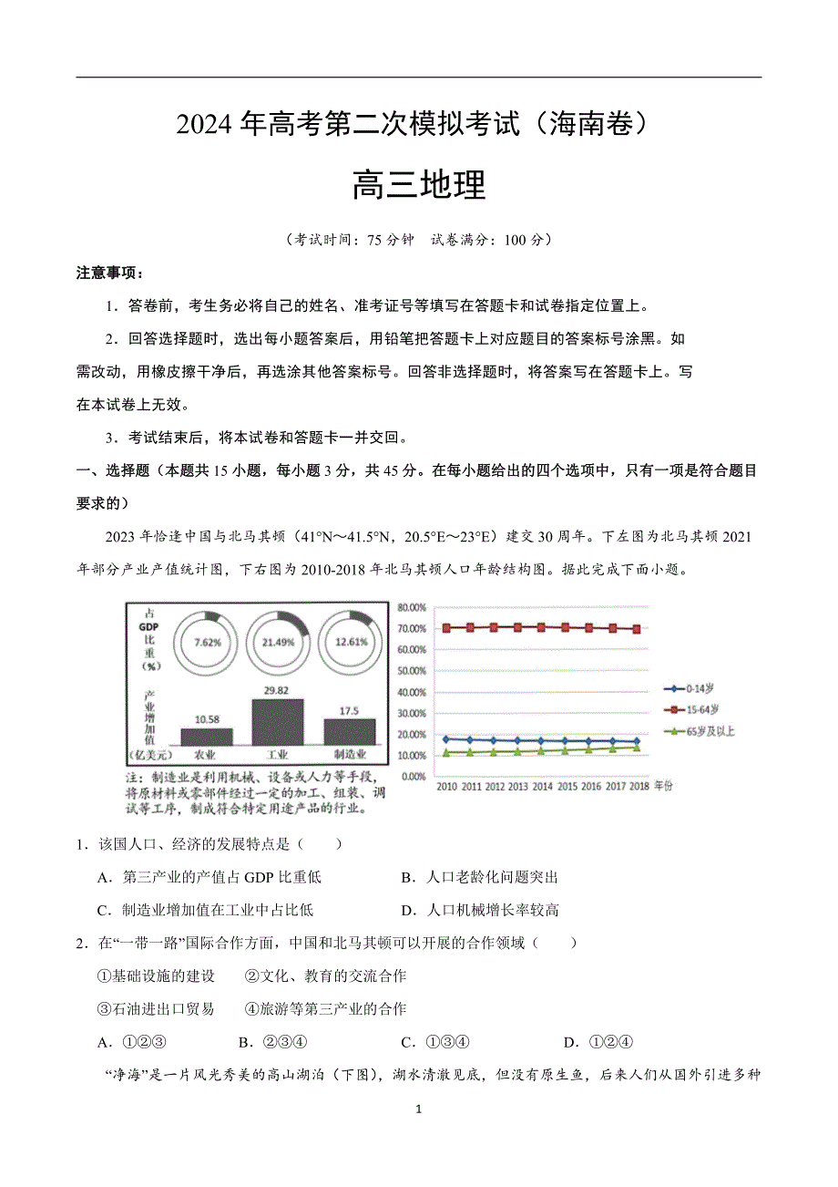 2024年高考第二次模拟考试：地理（海南卷）（考试版）_第1页