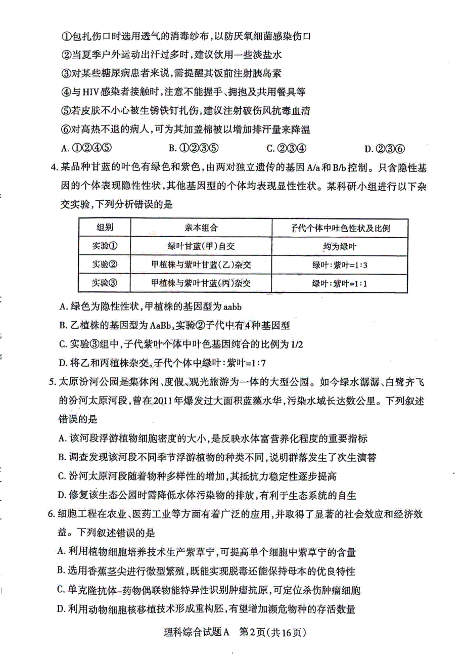 山西省省级名校2024届高三下学期二模试题 理综 PDF版含答案_第2页