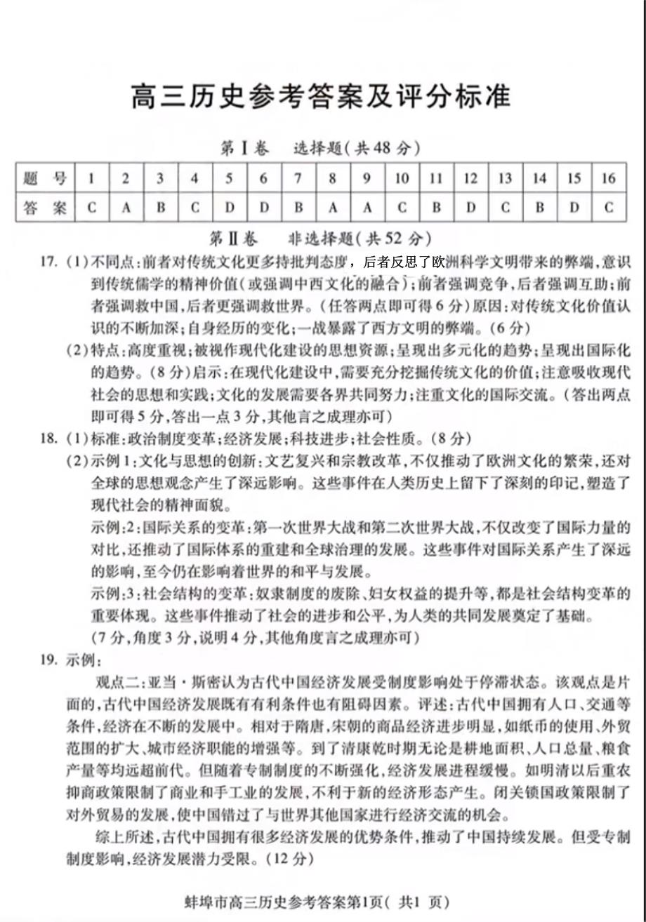 安徽省蚌埠市2024届高三下学期第四次教学质量检测考试历史答案_第1页