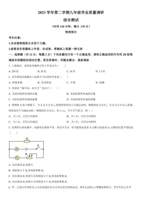 2024年上海市青浦区九年级中考二模物理试卷含详解
