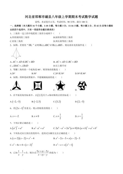 河北省邯郸市磁县八年级上学期期末考试数学试题