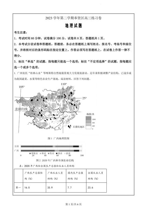 2024届上海市奉贤区高考二模地理（原卷版）