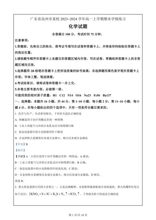 广东省高州市某校2023-2024学年高一上学期期末模拟化学试题（解析版）