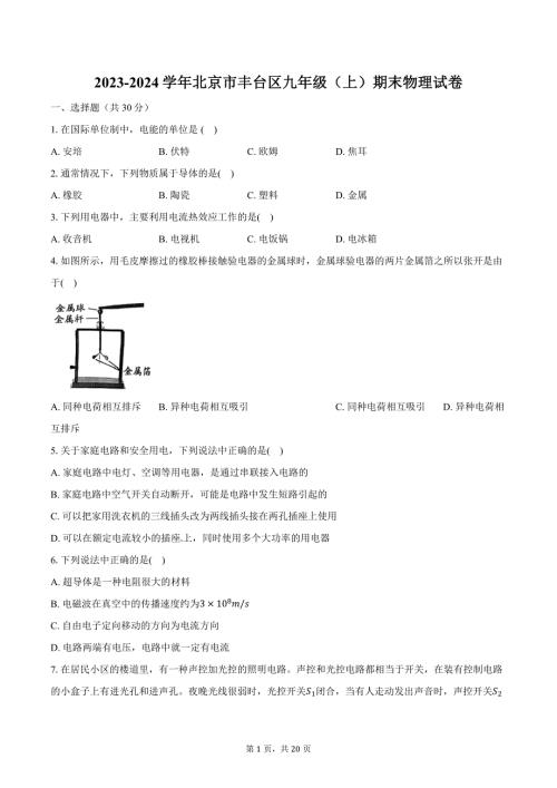 2023-2024学年北京市丰台区九年级（上）期末物理试卷（含解析）