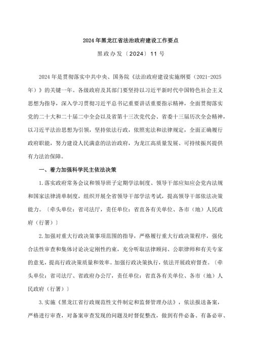 2024年黑龙江省法治政府建设工作要点