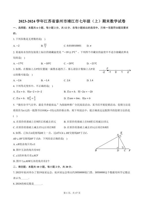 2023-2024学年江苏省泰州市靖江市七年级（上）期末数学试卷（含解析）