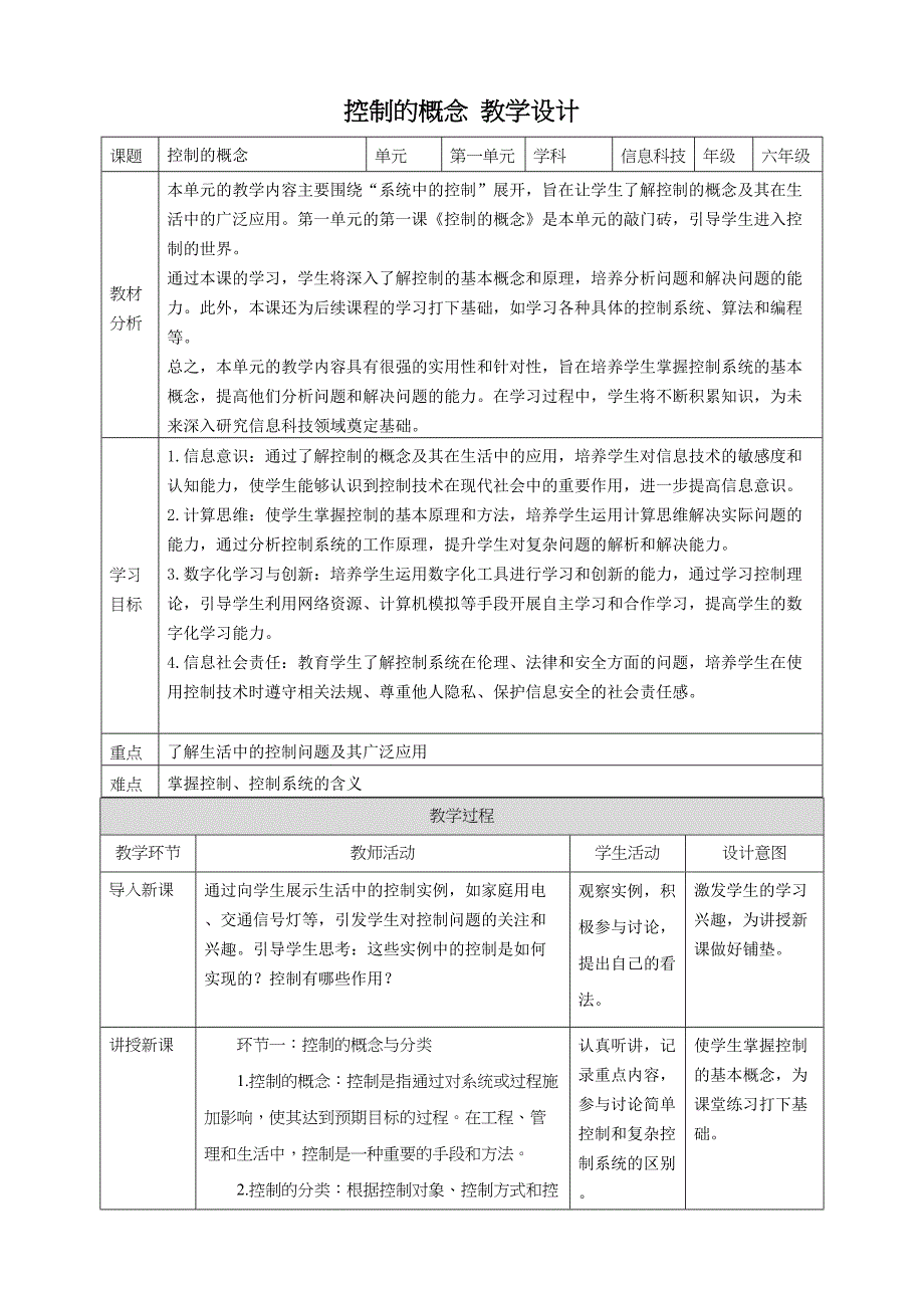 第1课 控制的概念 教案4 六下信息科技赣科学技术版_第1页