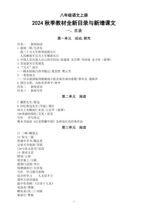 初中语文部编版八年级上册2024秋季教材全新目录与新增课文