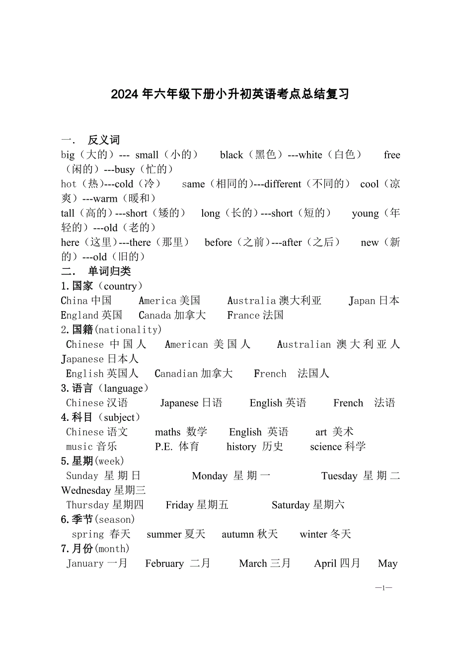 2024年六年级下册小升初英语考点总结复习_第1页