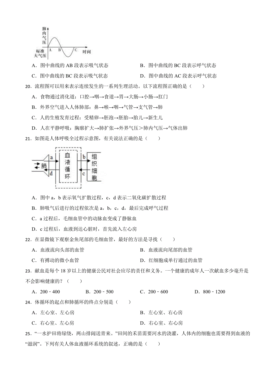 2024年广东省七年级下学期生物学期中试卷及答案_第4页