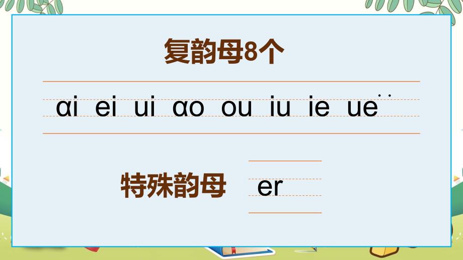 蓝色卡通幼儿园学拼音基础篇复韵母教学宣传教育ppt课件_第2页