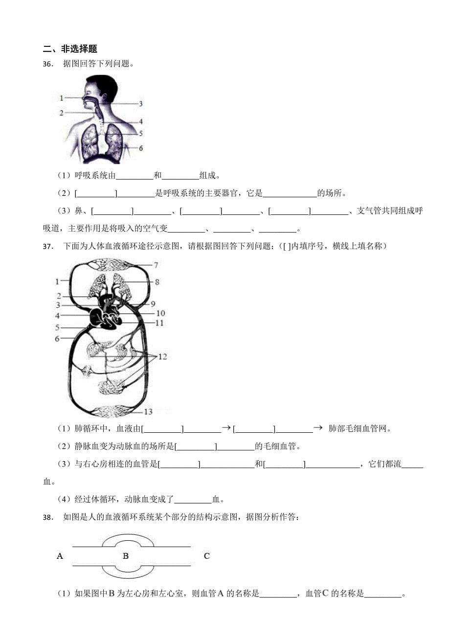 广州市黄埔区2024年七年级下册生物模拟试卷及答案_第5页