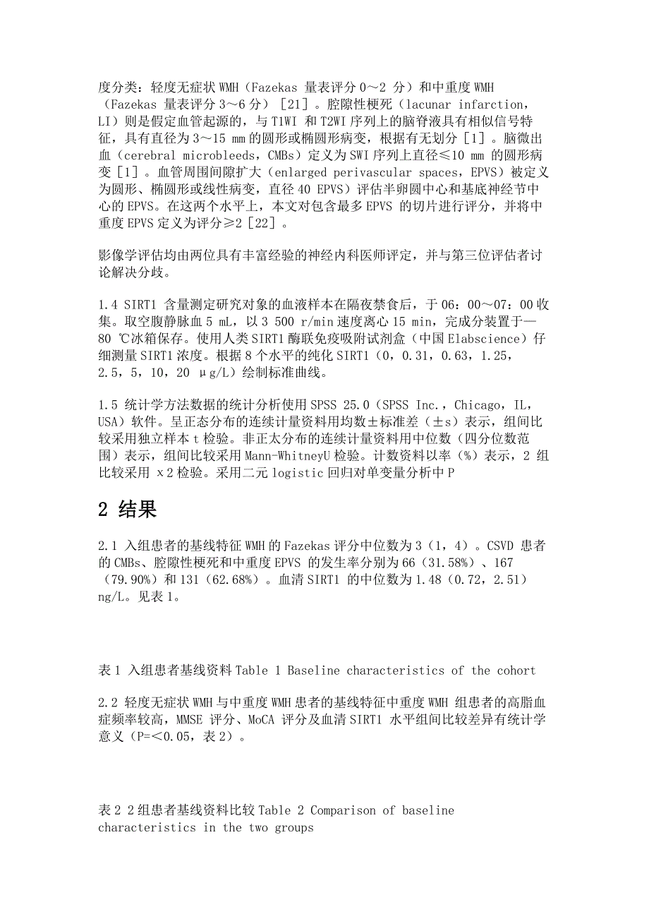 脑小血管病患者血清SIRT1水平与脑白质病变及认知障碍的相关性分析_第3页