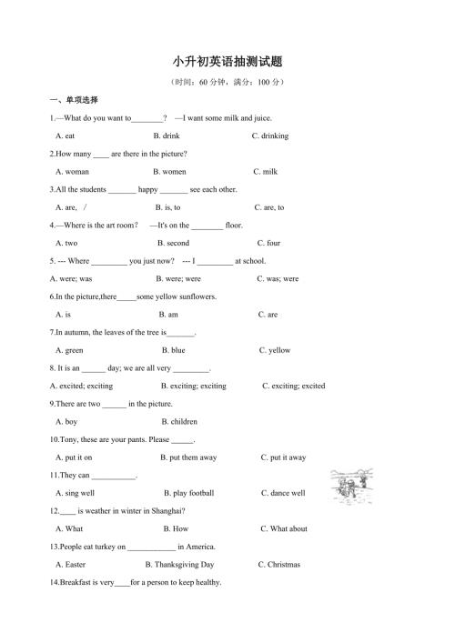 苏教译林版六年级下学期小升初英语期末抽测试题（含答案）