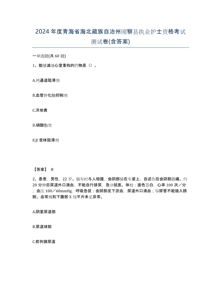 2024年度青海省海北藏族自治州刚察县执业护士资格考试测试卷(含答案)_第1页