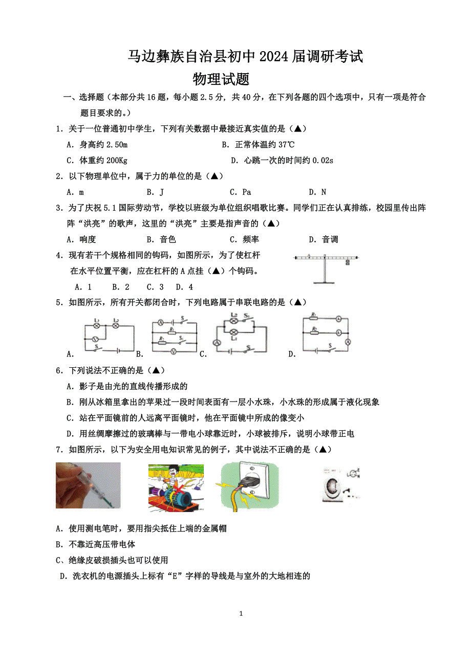 乐山市马边县2024年中考适应性考试物理试题及答案_第1页