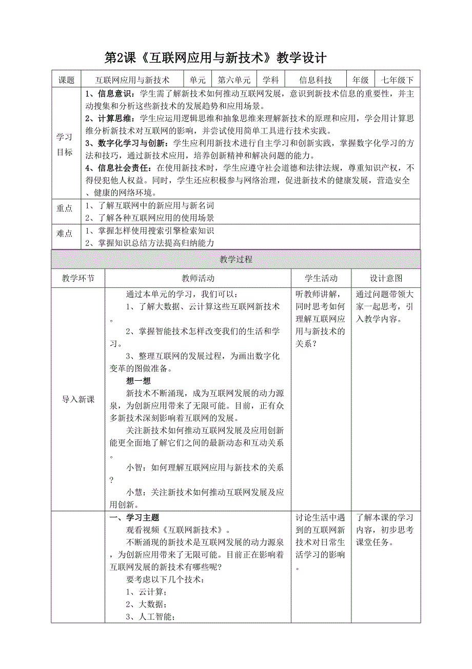 【苏教版信息科技】七年级下册第六单元第2课《互联网应用与新技术》教案_第1页