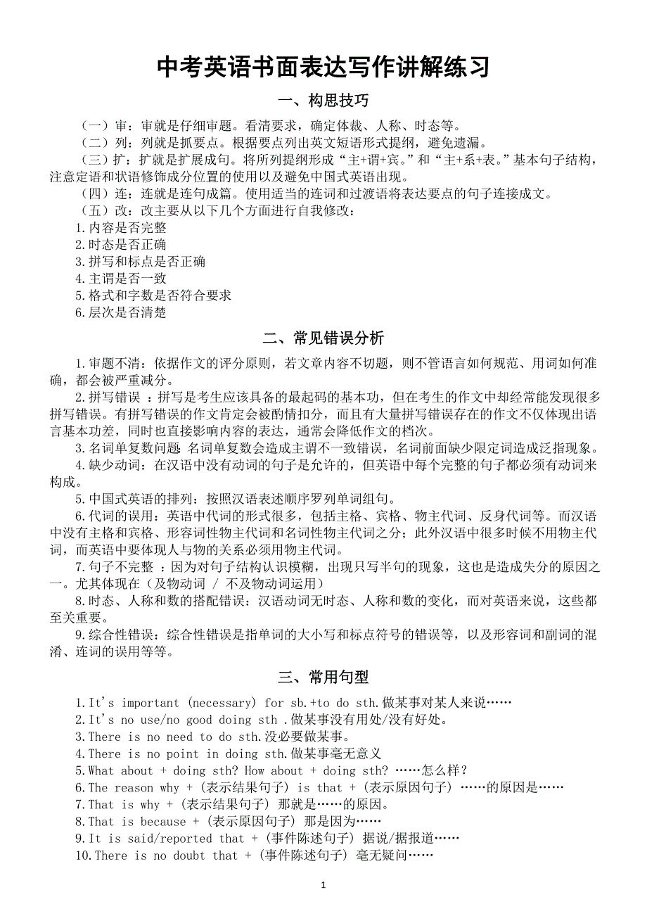 初中英语2024届中考书面表达写作讲解练习（构思技巧+常见错误+常用句型+模考范文）_第1页