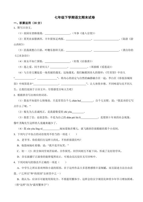 广东省河源市2024年七年级下学期语文期末试卷【附答案】