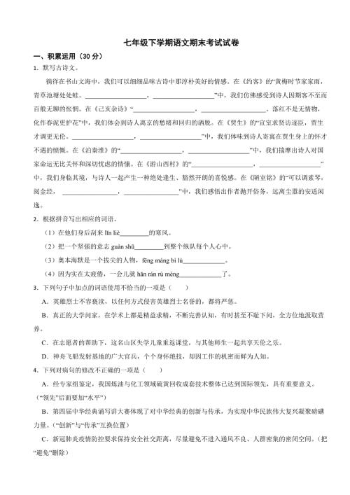 广东省兴宁市2024年七年级下学期语文期末考试试卷【附答案】