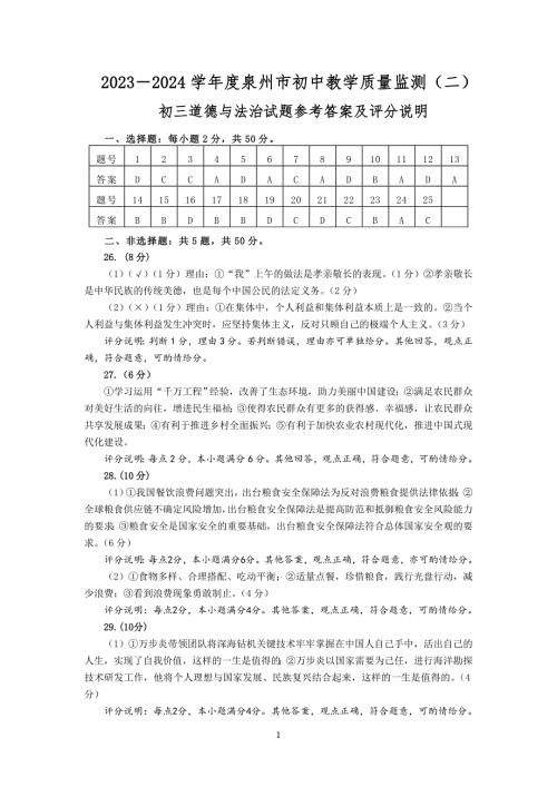 2023-2024学年福建省泉州市初中教学质量监测（二）道德与法治试题参考答案