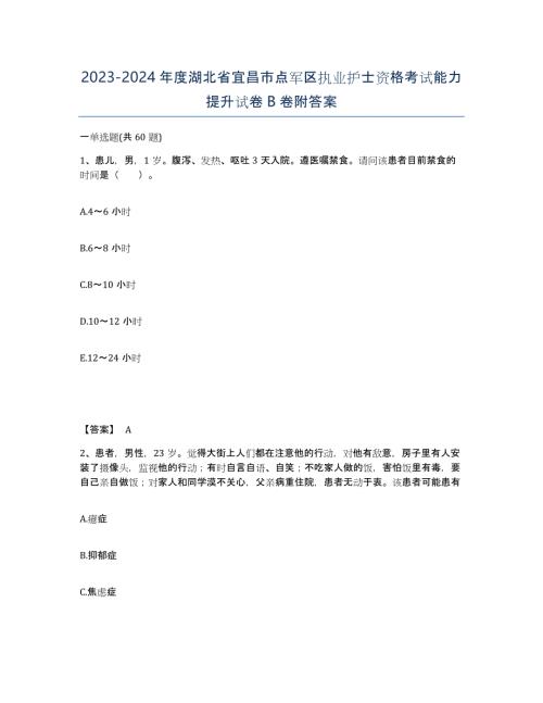 2023-2024年度湖北省宜昌市点军区执业护士资格考试能力提升试卷B卷附答案