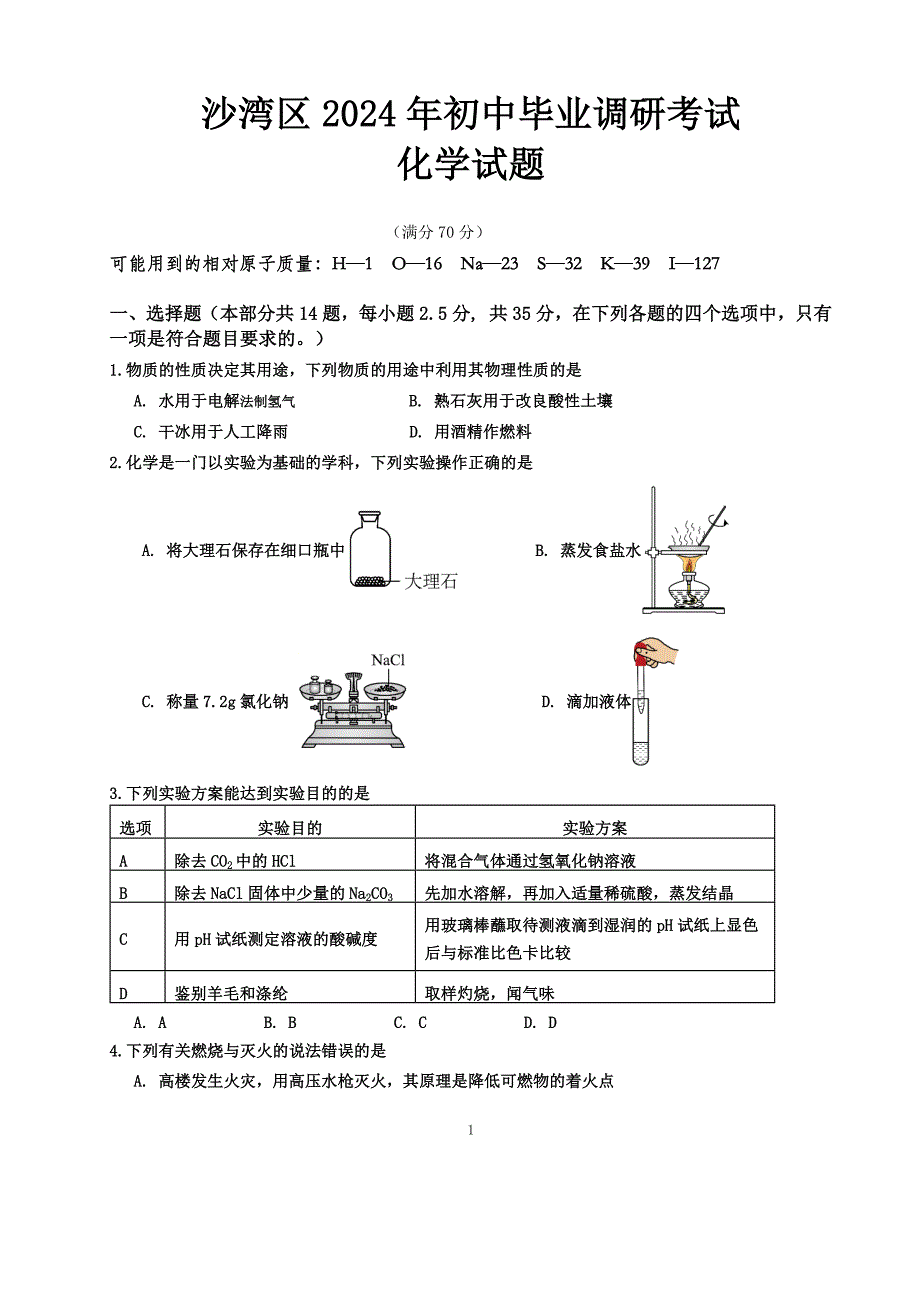 2024年乐山市沙湾区九年级调研考试化学试题及答案_第1页